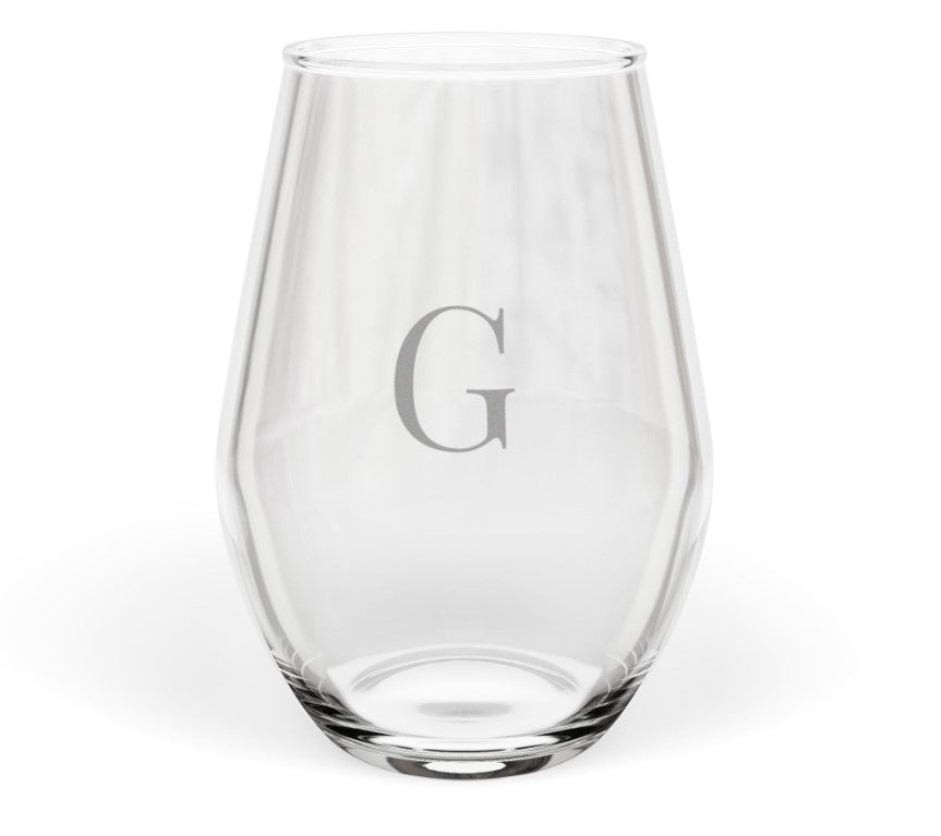 Stemless 11.75oz Wine Glass w/Letter monogram initial, by TokyoBill