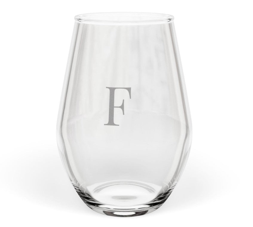 Stemless 11.75oz Wine Glass w/Letter monogram initial, by TokyoBill