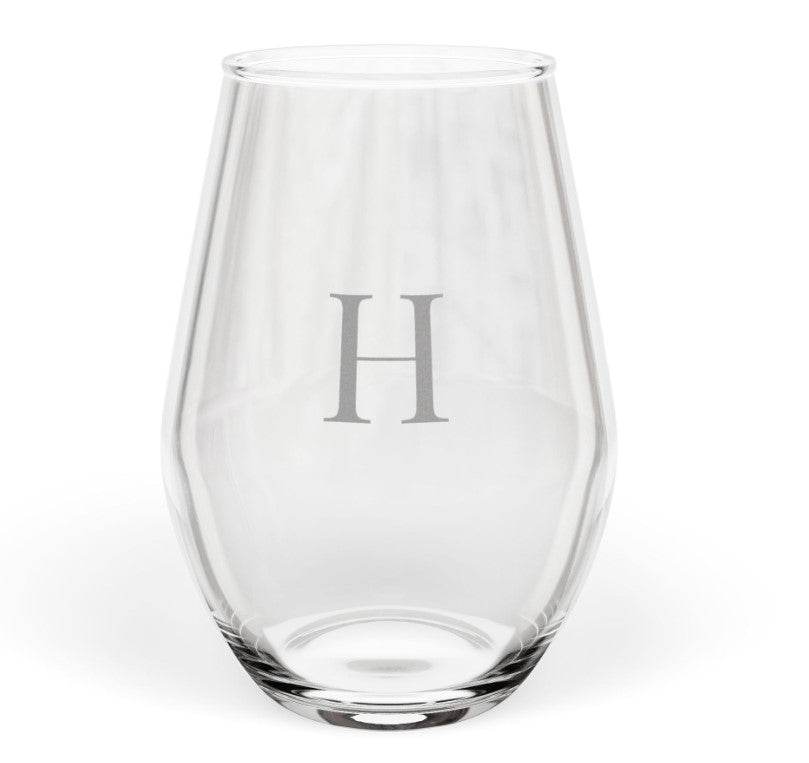 Stemless 11.75oz Wine Glass w/Letter monogram initial, by TokyoBill