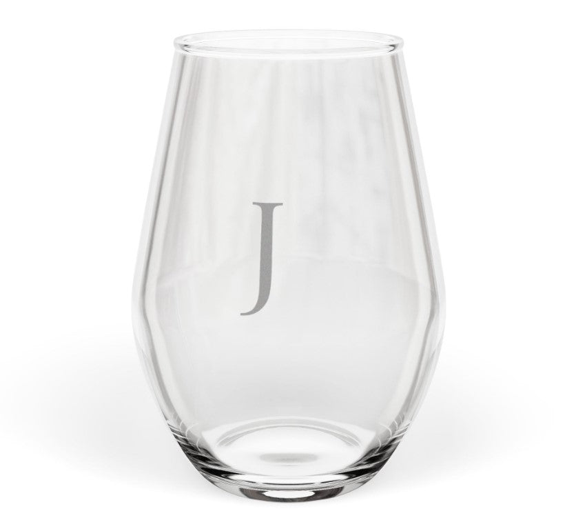 Stemless 11.75oz Wine Glass w/Letter monogram initial, by TokyoBill