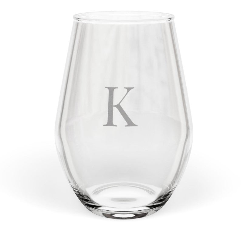 Stemless 11.75oz Wine Glass w/Letter monogram initial, by TokyoBill
