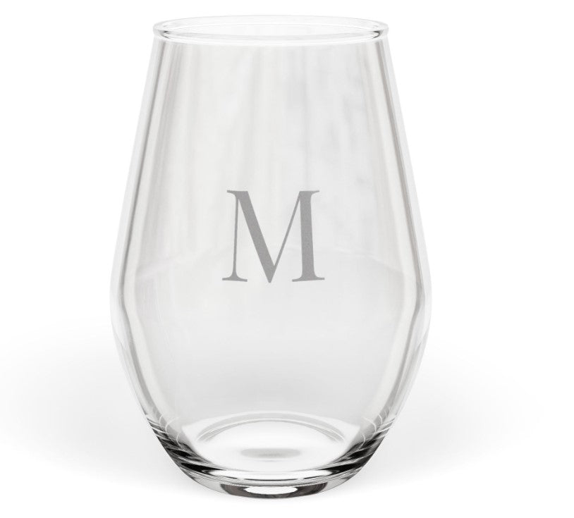 Stemless 11.75oz Wine Glass w/Letter monogram initial, by TokyoBill