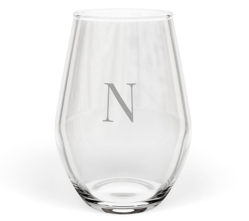 Stemless 11.75oz Wine Glass w/Letter monogram initial, by TokyoBill