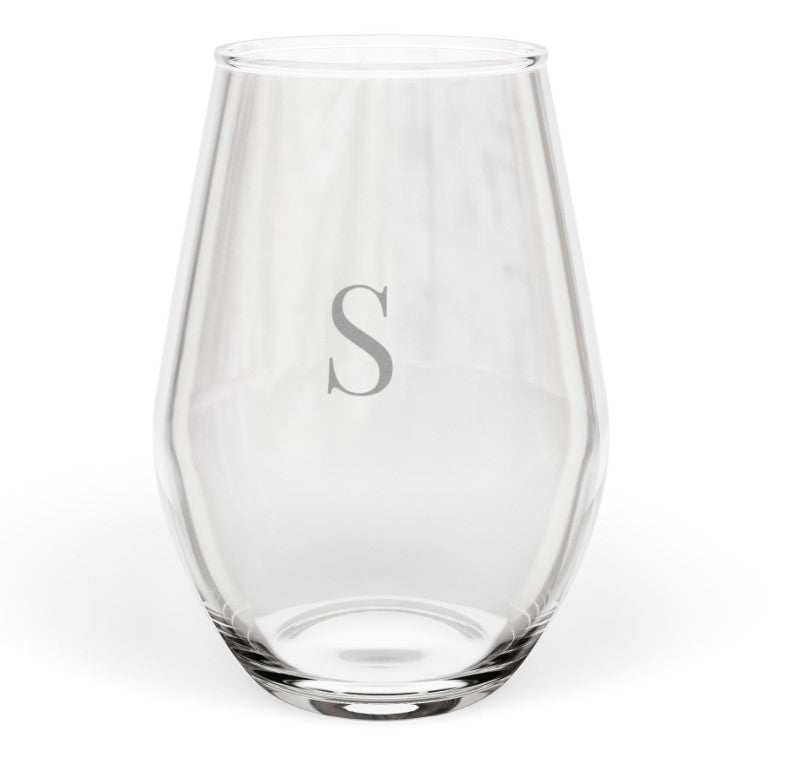 Stemless 11.75oz Wine Glass w/Letter monogram initial, by TokyoBill