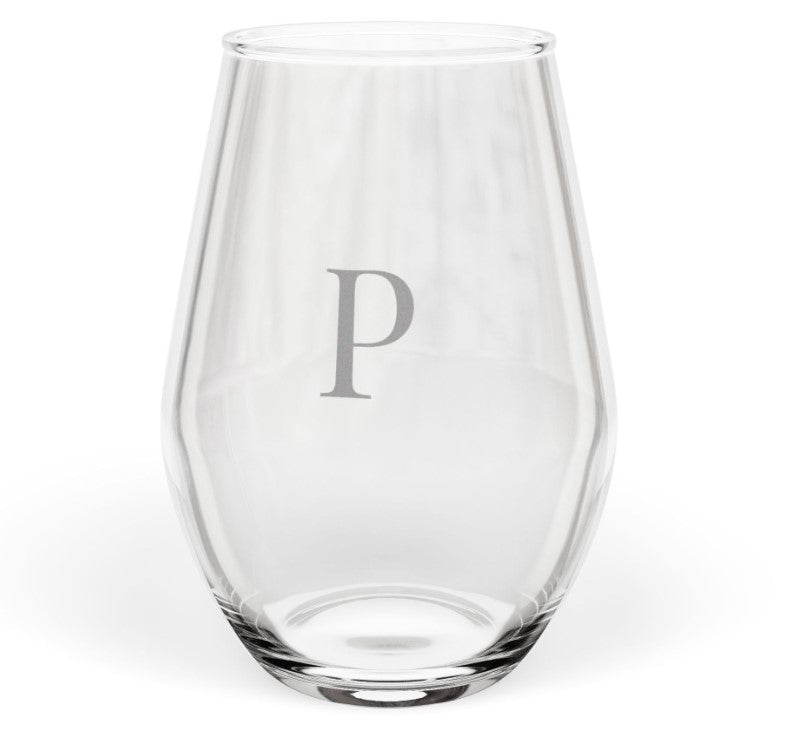 Stemless 11.75oz Wine Glass w/Letter monogram initial, by TokyoBill
