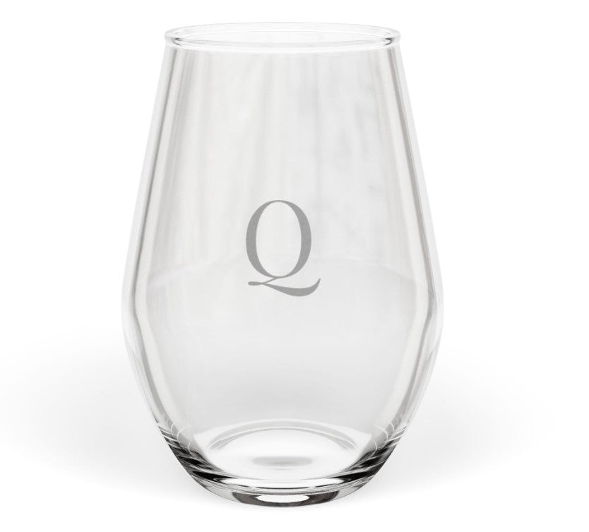 Stemless 11.75oz Wine Glass w/Letter monogram initial, by TokyoBill