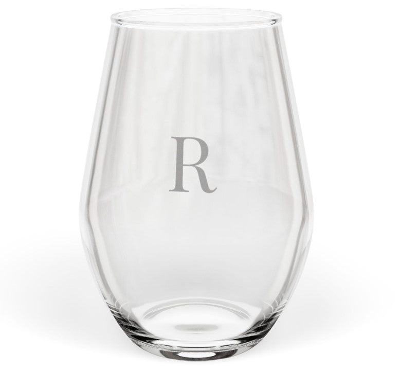 Stemless 11.75oz Wine Glass w/Letter monogram initial, by TokyoBill