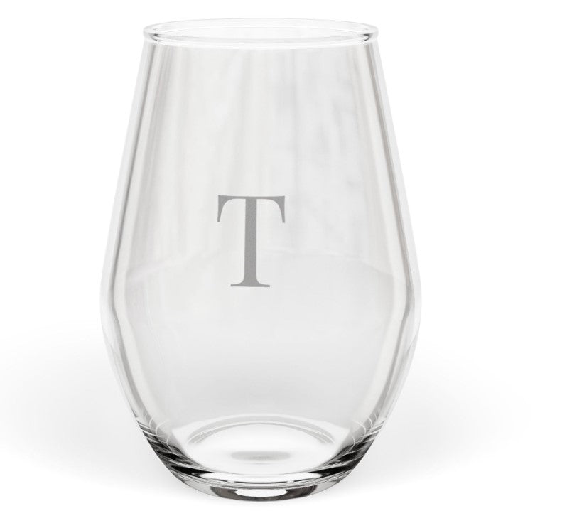 Stemless 11.75oz Wine Glass w/Letter monogram initial, by TokyoBill