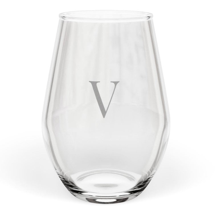 Stemless 11.75oz Wine Glass w/Letter monogram initial, by TokyoBill