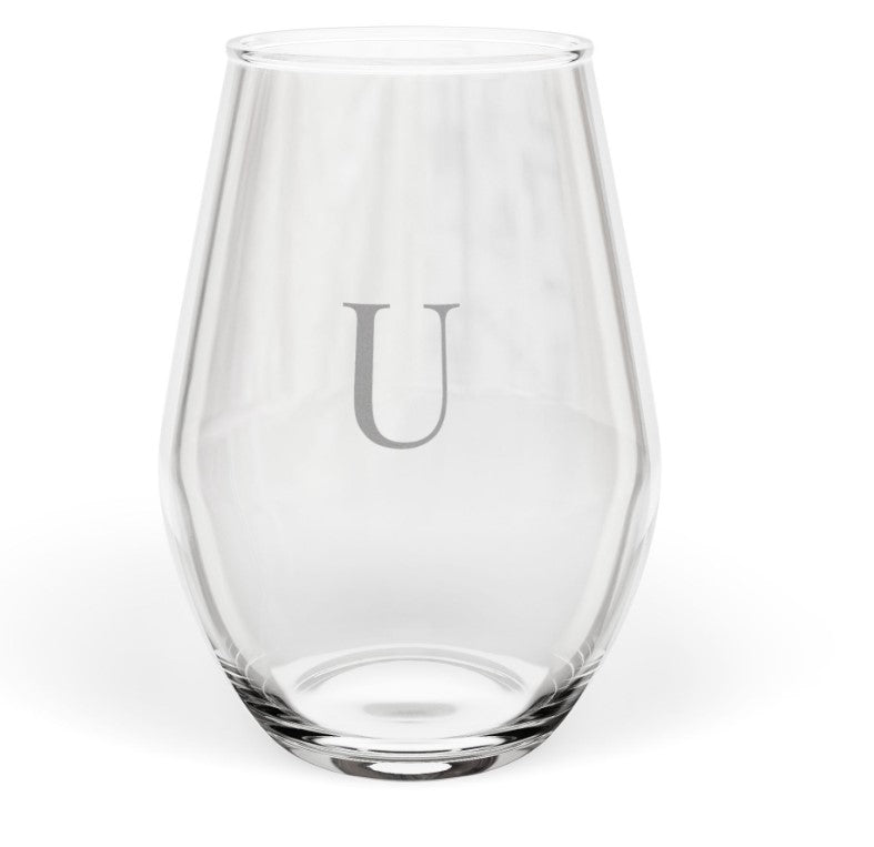 Stemless 11.75oz Wine Glass w/Letter monogram initial, by TokyoBill