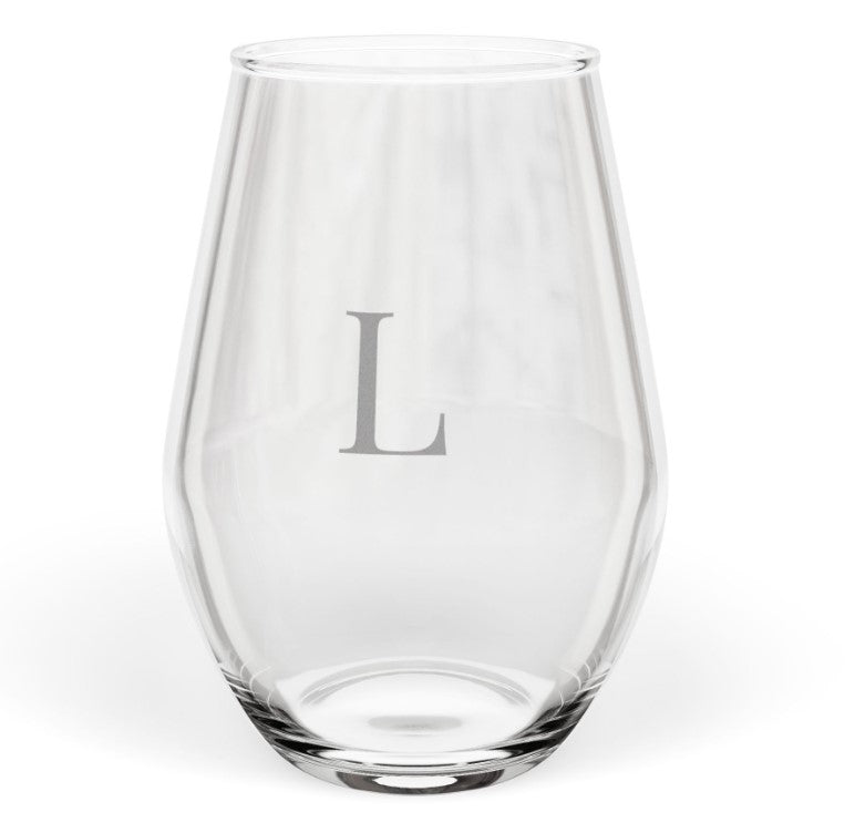 Stemless 11.75oz Wine Glass w/Letter monogram initial, by TokyoBill