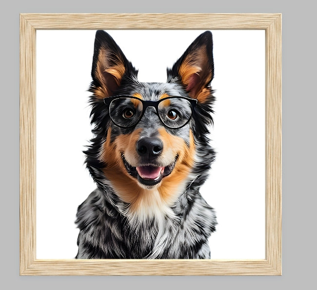 Reading Dogs Art Print | Dog Wearing Glasses Portrait | Funny Dog Wall Art | Cute Animal Print | Home Decor Gift | Blue Heeler