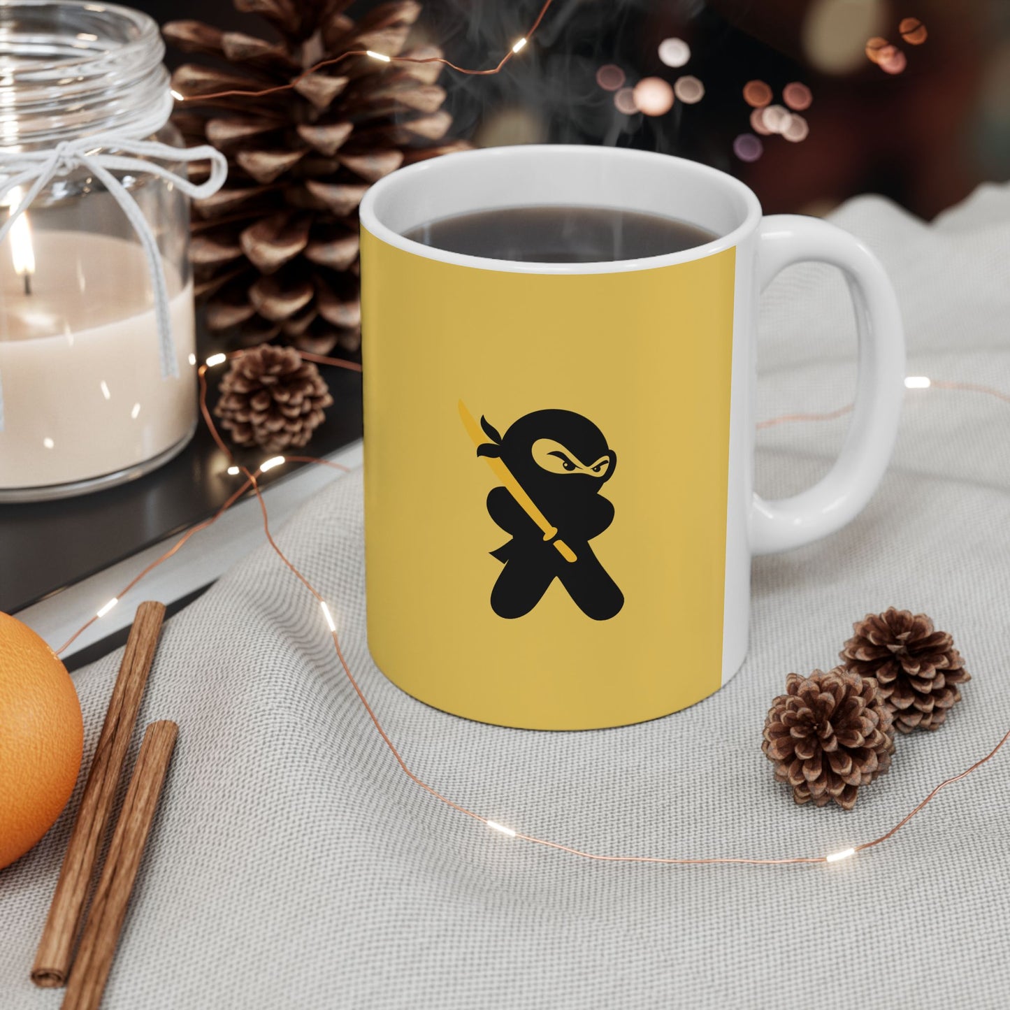 Yellow over White Ceramic Coffee/Tea Mug (11 oz) with Ninjas, by TokyoBill