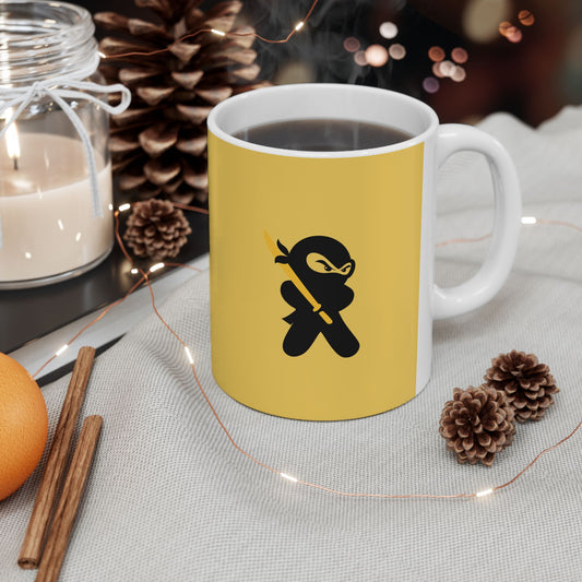 Yellow over White Ceramic Coffee/Tea Mug (11 oz) with Ninjas, by TokyoBill