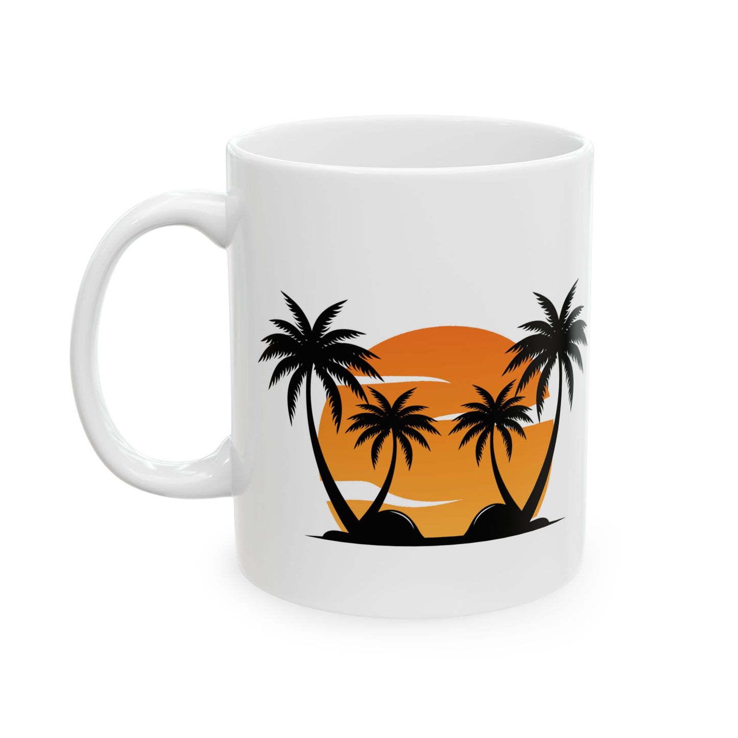 White Mug (11 oz) with Palm Trees & Setting Sun, by TokyoBill
