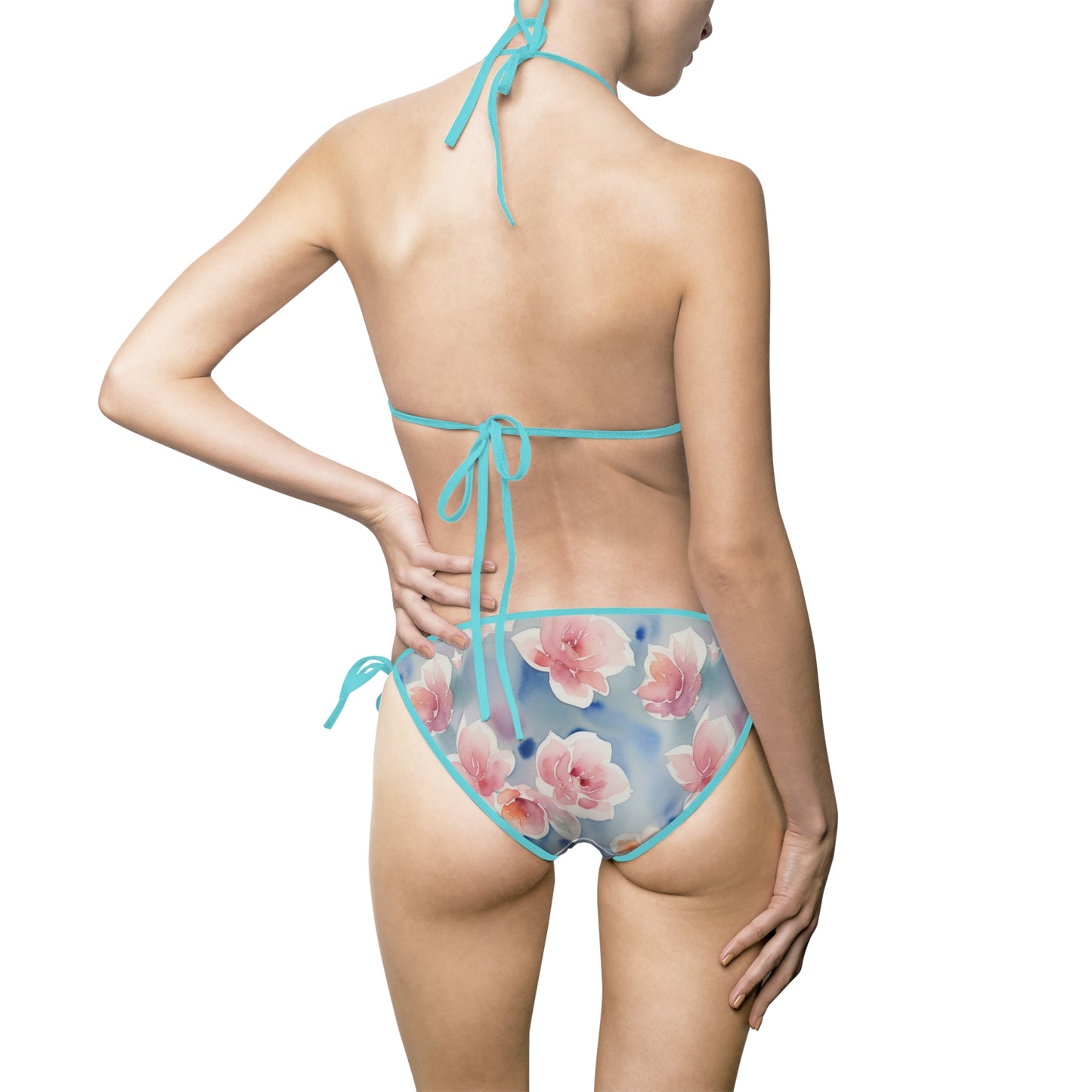 Floral Bikini Swimsuit, Pink on Blue, Women's Summer Swimwear by TokyoBill
