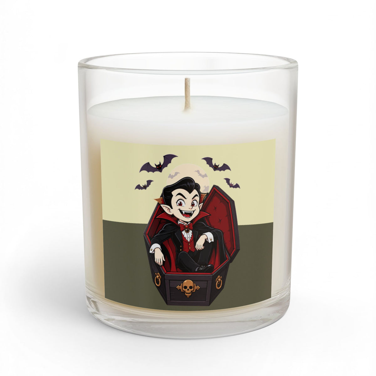 Vampire and Coffin, Halloween soy wax candle, long burn 55-70 hours, 11oz reusable glass jar,  by TokyoBill