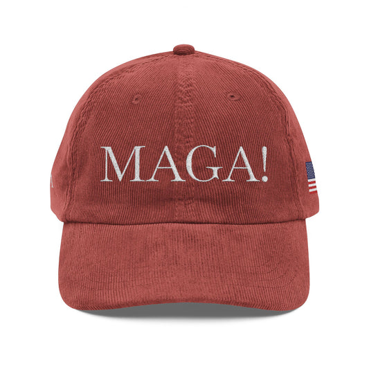 Vintage Corduroy Cap with Embroidered 'MAGA!', by TokyoBill