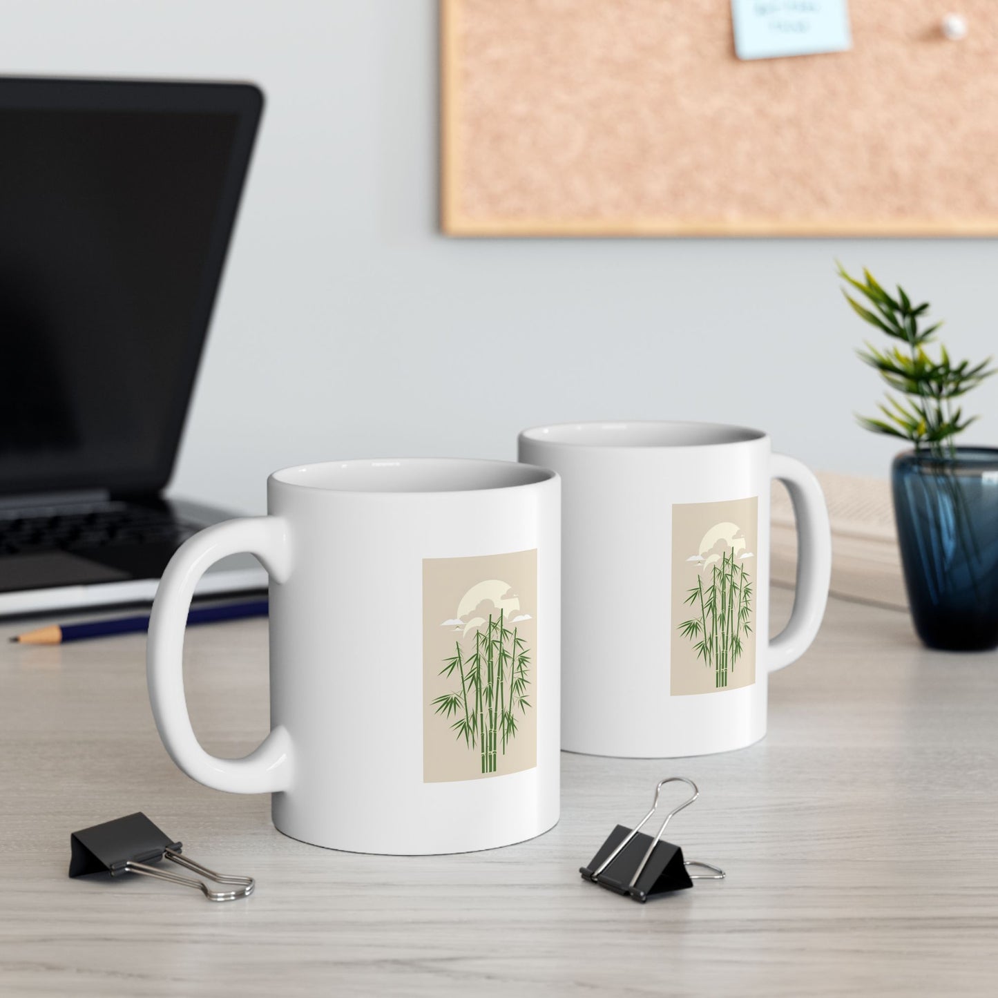 White Coffee Mug (11 oz) with Bamboo & Clouds, by TokyoBill