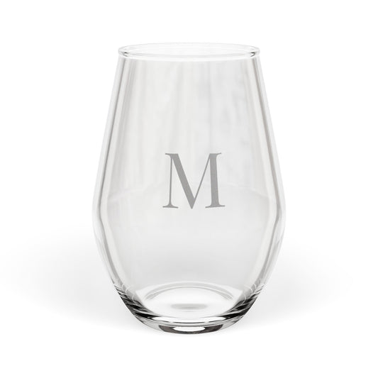 Stemless 11.75oz Wine Glass w/Letter M monogram initial, by TokyoBill