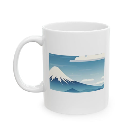 White Coffee Mug (11 oz) with Fuji Mountain & Clouds, by TokyoBill