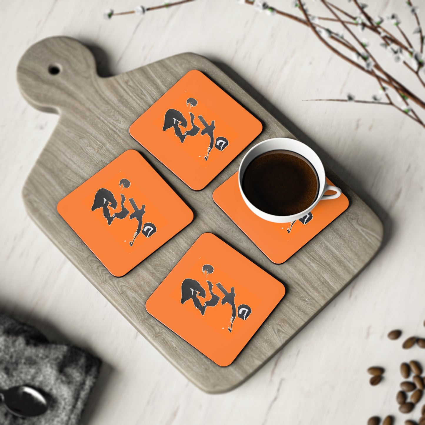 Square Orange Coasters w/ 'Ninja' in kanji, by TokyoBill