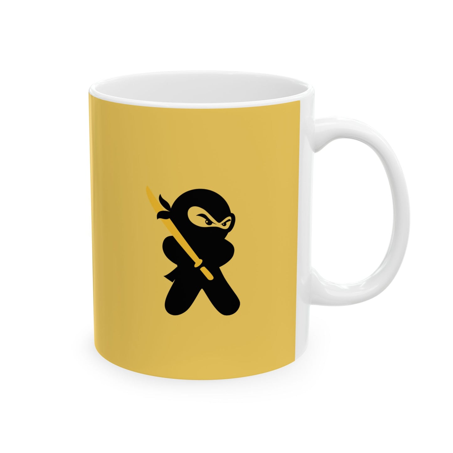 Yellow over White Ceramic Coffee/Tea Mug (11 oz) with Ninjas, by TokyoBill