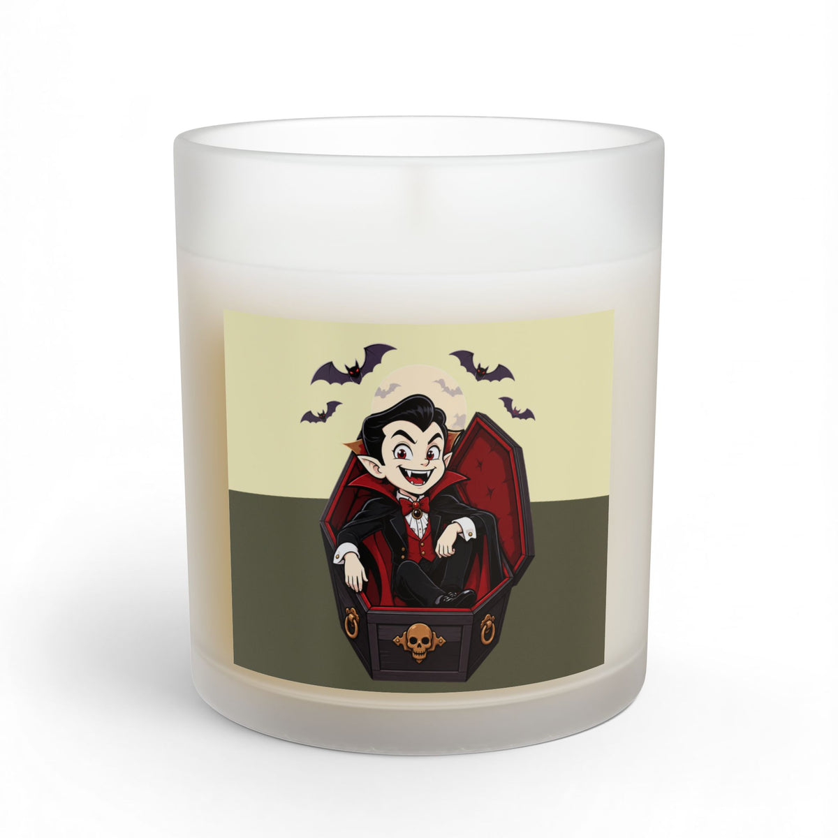 Vampire and Coffin, Halloween soy wax candle, long burn 55-70 hours, 11oz reusable glass jar,  by TokyoBill