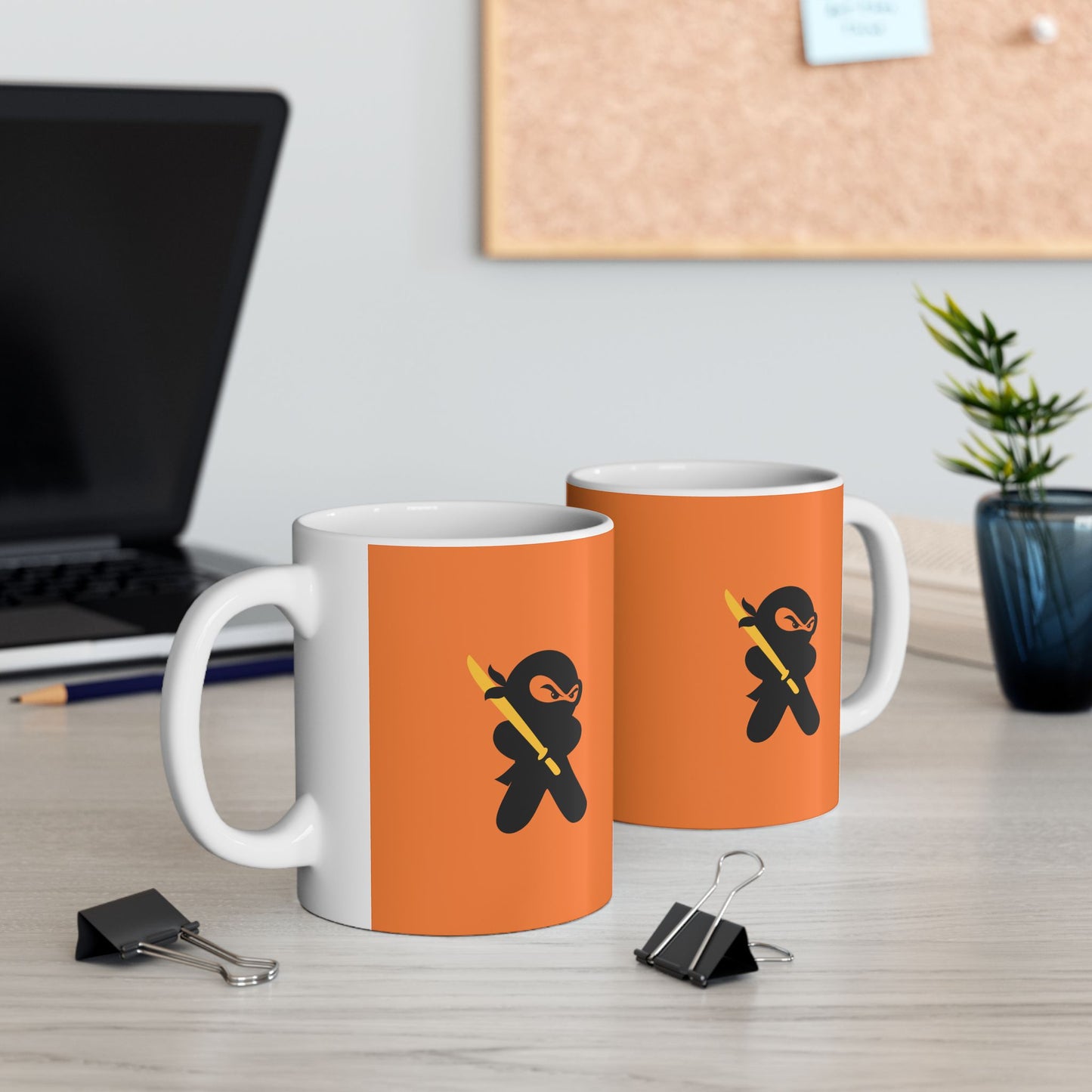 Orange over White Ceramic Coffee/Tea Mug (11 oz) with Ninjas, by TokyoBill