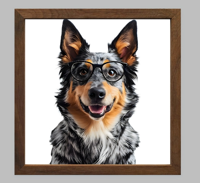 Reading Dogs Art Print | Dog Wearing Glasses Portrait | Funny Dog Wall Art | Cute Animal Print | Home Decor Gift | Blue Heeler