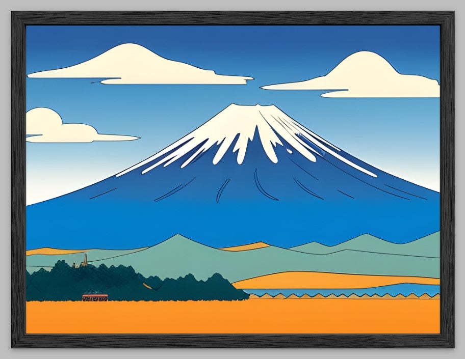 Mount Fuji Art Print | Manga Style Japan Landscape Wall Art | Illustrated Japanese Mountain Poster | Golden Countryside Print
