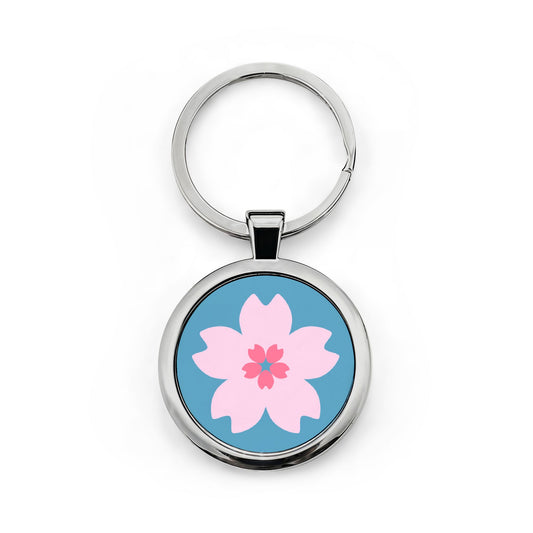 Pink Cherry Blossom on blue Round Keychain | Stainless Steel