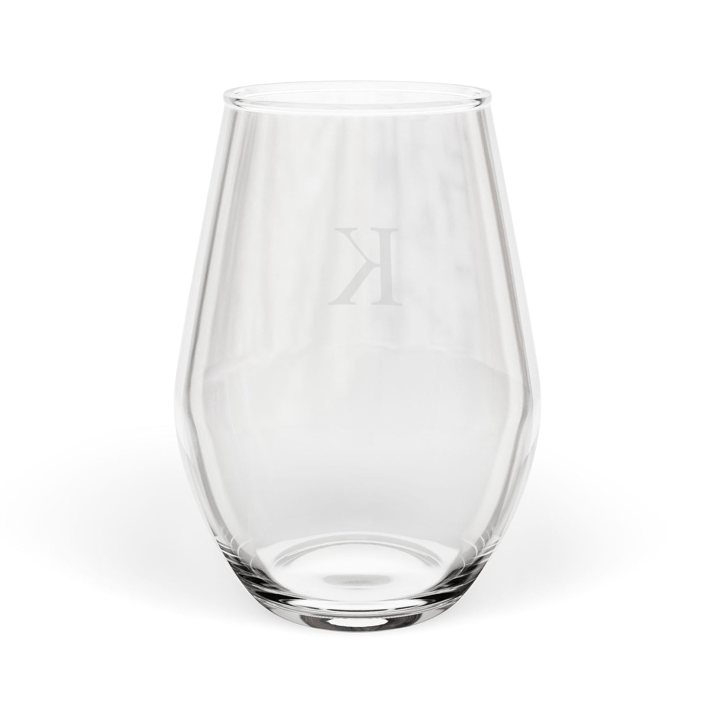 Stemless 11.75oz Wine Glass w/Letter K monogram initial, by TokyoBill