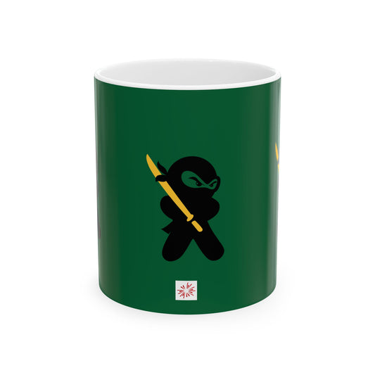 Green over White Ceramic Coffee/Tea Mug (11 oz) with Ninjas, by TokyoBill