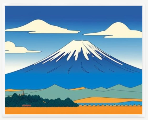 Mount Fuji Art Print | Manga Style Japan Landscape Wall Art | Illustrated Japanese Mountain Poster | Golden Countryside Print