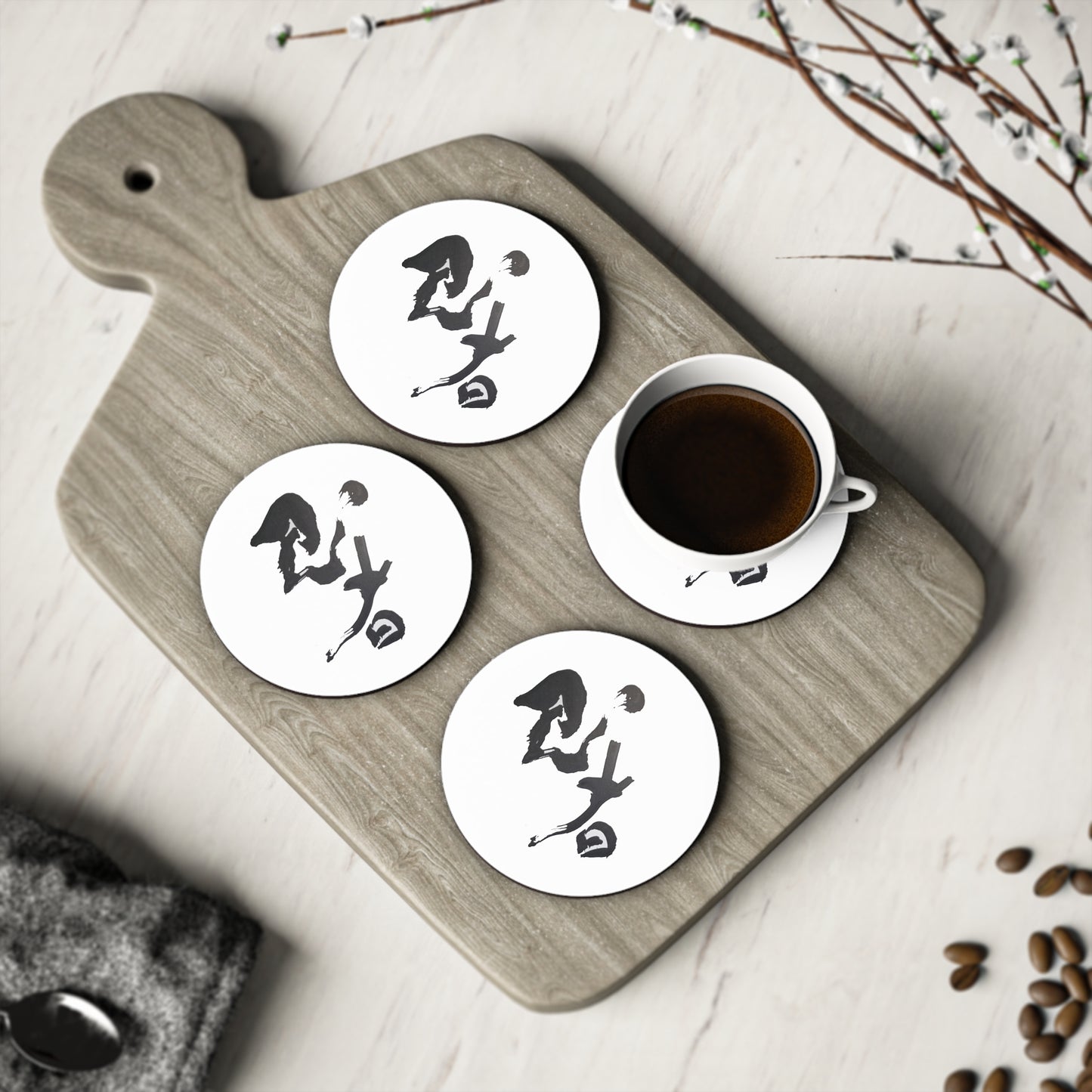 Round White Coasters w/ 'Ninja' in kanji, by TokyoBill