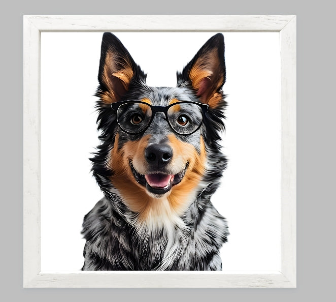 Reading Dogs Art Print | Dog Wearing Glasses Portrait | Funny Dog Wall Art | Cute Animal Print | Home Decor Gift | Blue Heeler