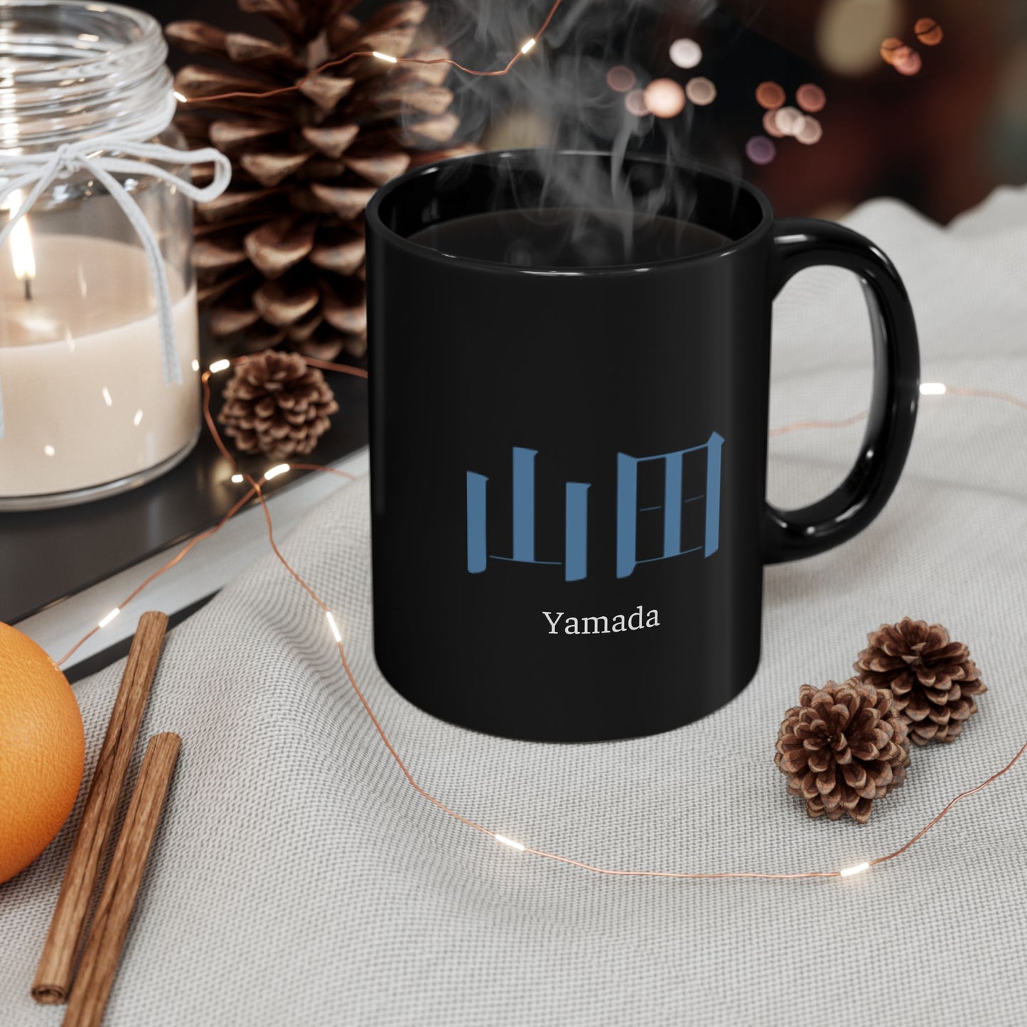Japanese name 'Yamada' black coffee mug, by TokyoBill