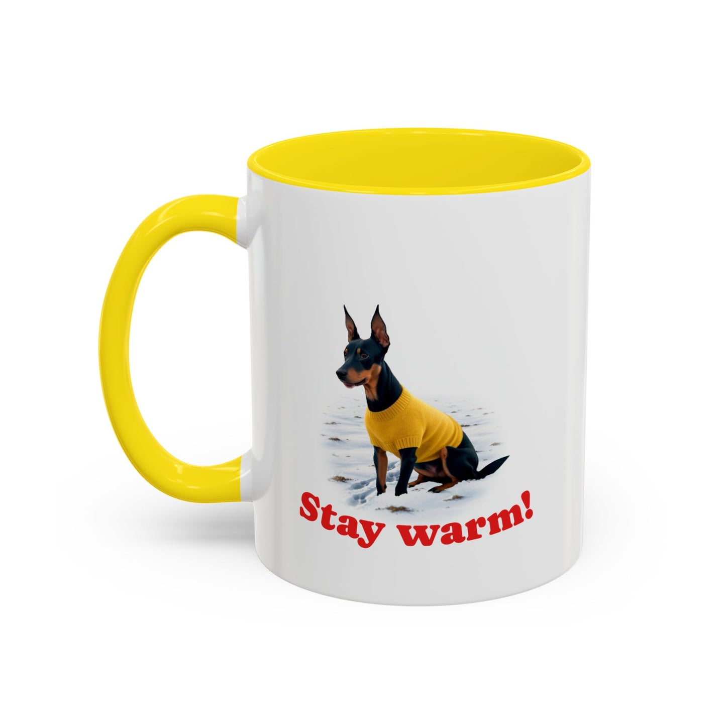 Two-tone Accent 11 oz Coffee Mug w/ Miniature Pinscher Sweater Dog, by TokyoBill