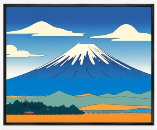 Mount Fuji Art Print | Manga Style Japan Landscape Wall Art | Illustrated Japanese Mountain Poster | Golden Countryside Print