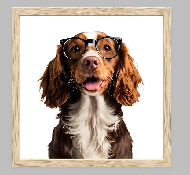 Reading Dogs Art Print | Dog Wearing Glasses Portrait | Funny Dog Wall Art | Cute Animal Print | Home Decor Gift | Brittany Spaniel